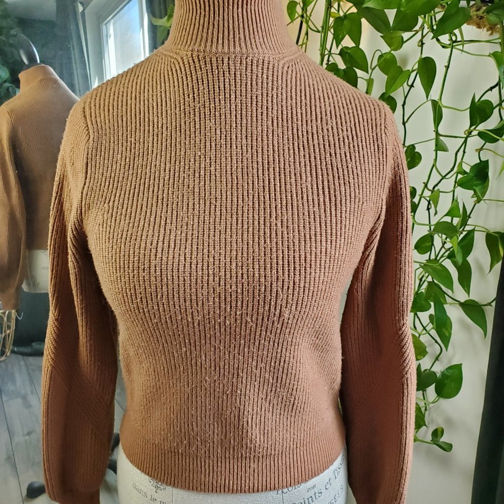 ZARA | Turtleneck Tapered Sleeve Ribbed Bodice Warm Brown Sweater (Size S) - Picture 2 of 8